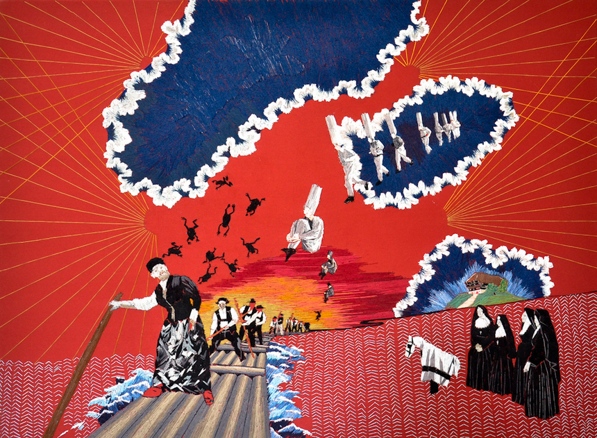 Kunstwerk »Holländer Michel«: Ein buntes Bild, Hintergrund rot mit blauen Wolken, Nonnen, Fröschen, einer Brücke mit Pfarrern.