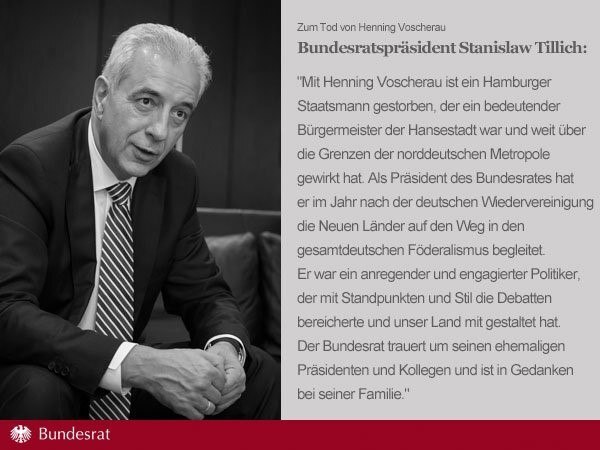 Bundesratspräsident Tillich zum Tod von Henning Voscherau: »Er war ein Hamburger Staatsmann, ein anregender und engagierter Politiker.«