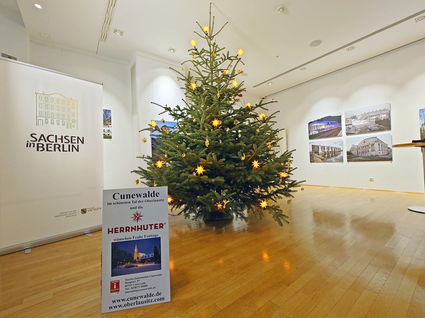 Ein Weihnachtsbaum steht in einem Ausstellungsraum.