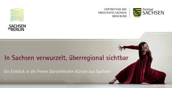 Tänzerin in rotem Kleid neben dem Titel „In Sachsen verwurzelt, überregional sichtbar“