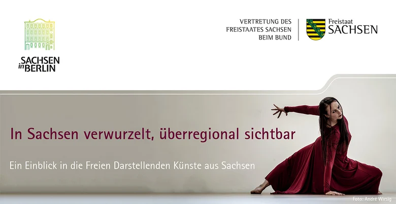 Tänzerin in rotem Kleid neben dem Titel „In Sachsen verwurzelt, überregional sichtbar“