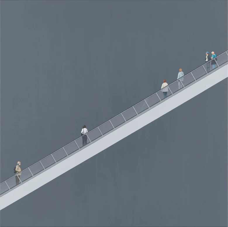 Ein Bild zeigt Menschen auf einer schrägen Treppe