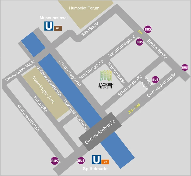 Eine Karte der Straßen und Haltestellen um die Landesvertretung in Berlin.